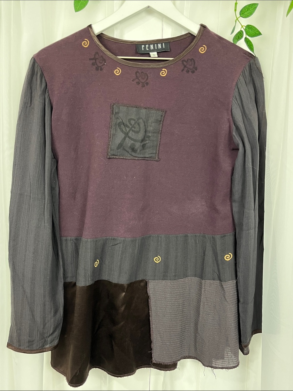 Fenini Pullover Top S Dark Purple Multi-Textures 100% Rayon Trendy Boho EUC